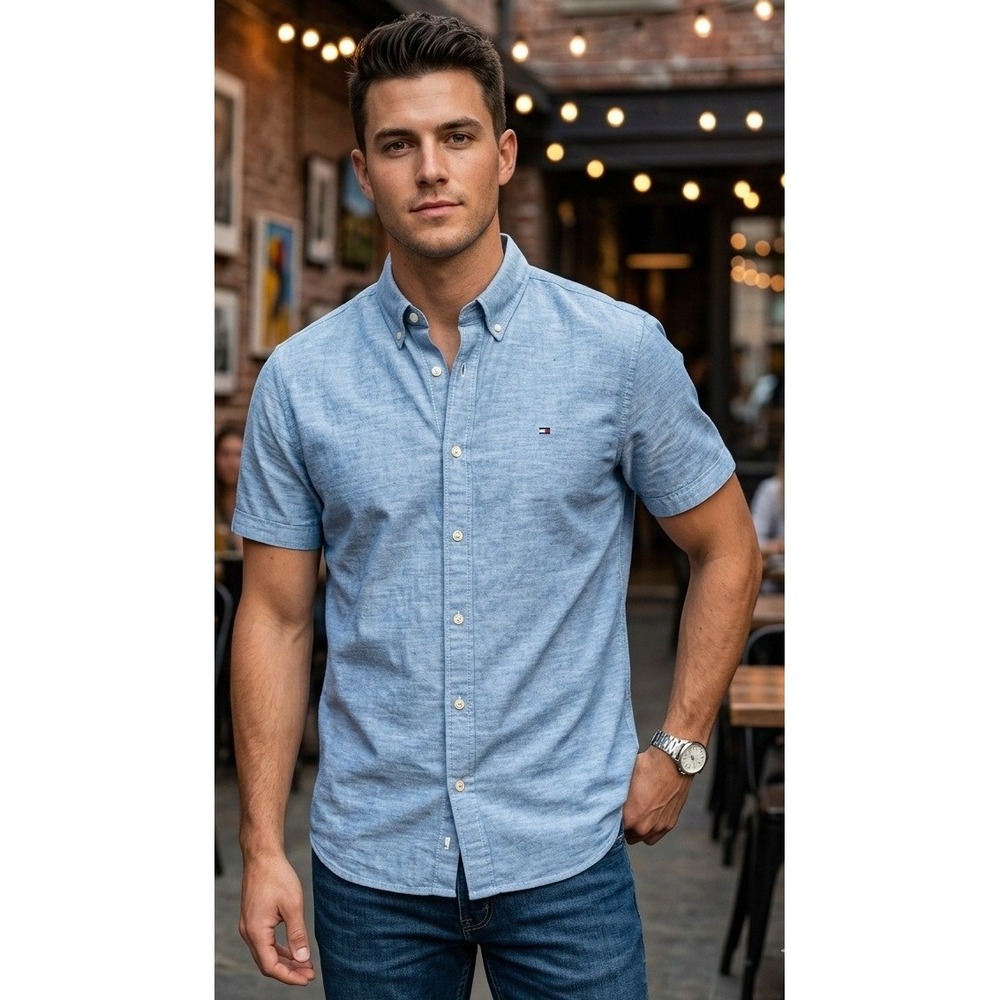 Tommy Hilfiger Custom Fit Short Sleeve Button Down Shirt Men's Large Blue Cotton